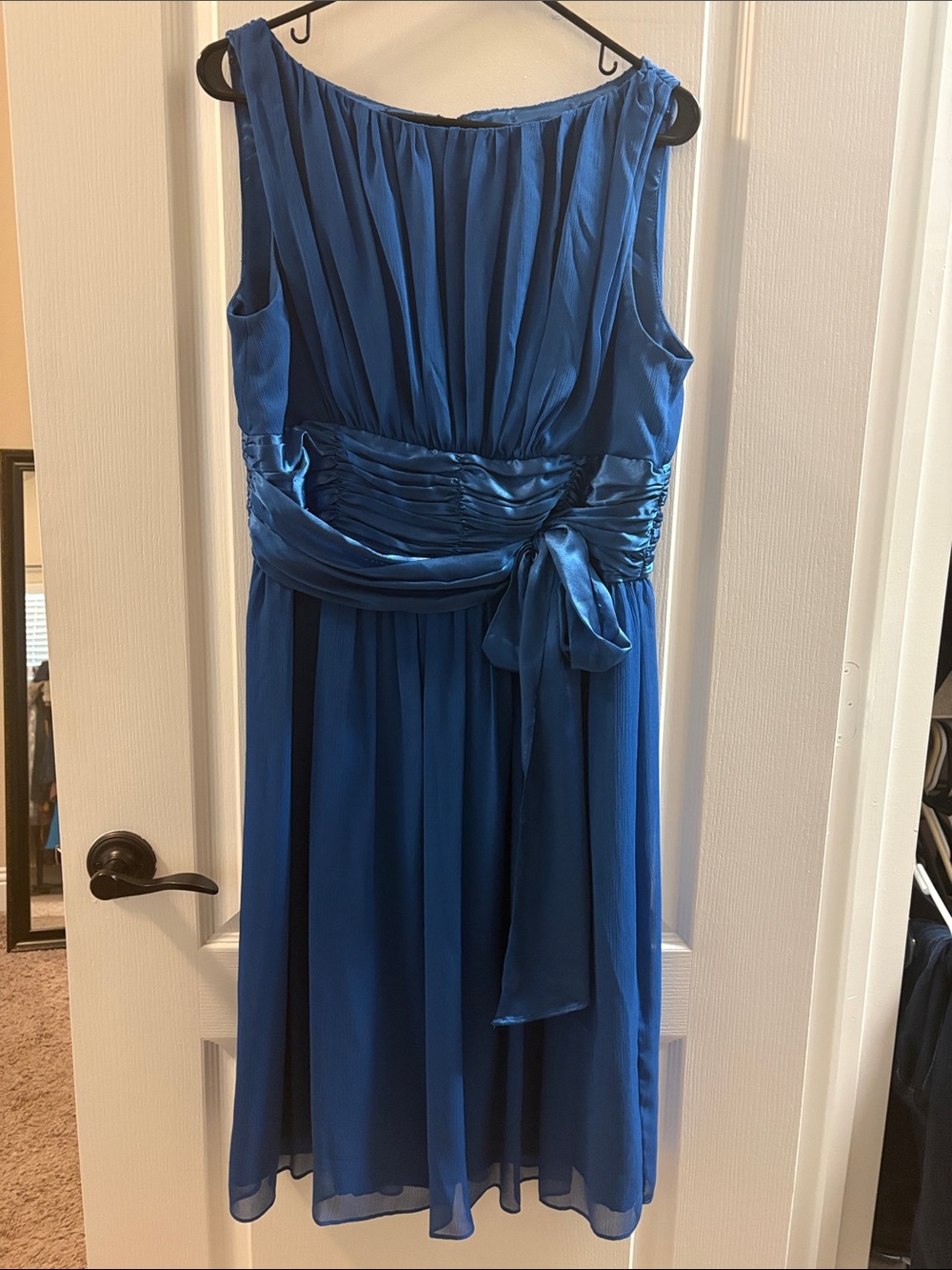 Elegant Royal Blue Midi Dress with Satin Waist Tie